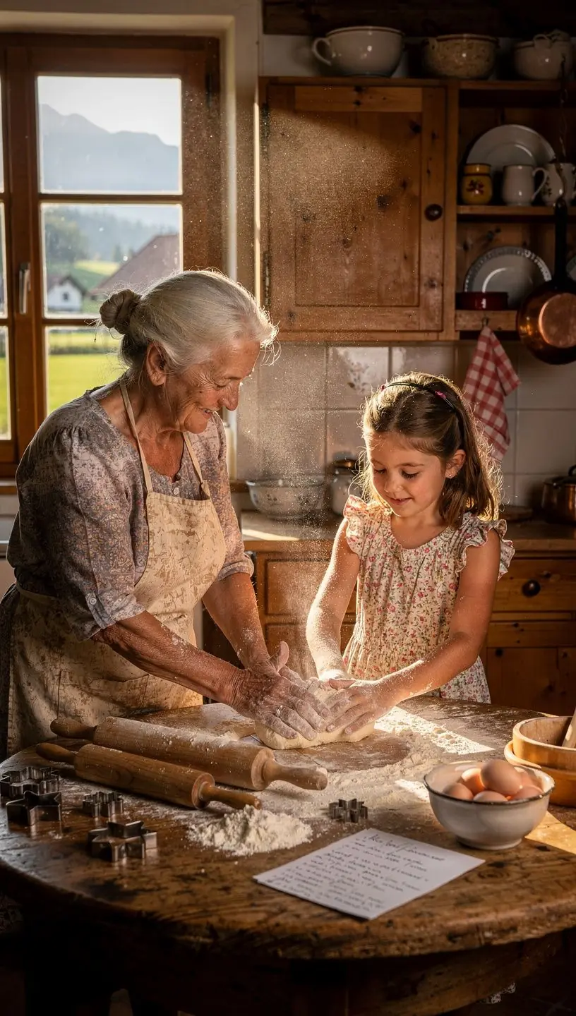 Ein schöner Tisch gedeckt mit verschiedenen österreichischen Spezialitäten und frischen Zutaten.