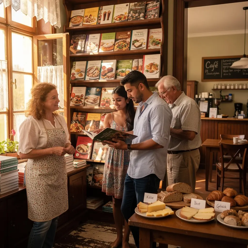 Ein gedeckter Tisch mit einer kГ¶stlichen Mahlzeit und einem Kochbuch als Dekoration.