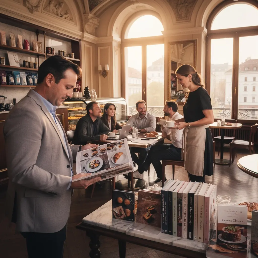 Ein Stapel von Kochbüchern, die auf einem Regal stehen, umgeben von Küchenutensilien.