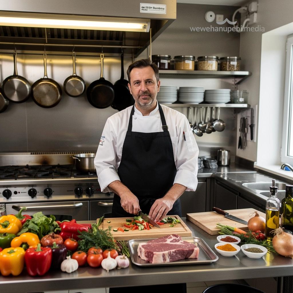 Ein Marktstand mit frischem Gemüse und einem Kochbuch über saisonale Rezepte.